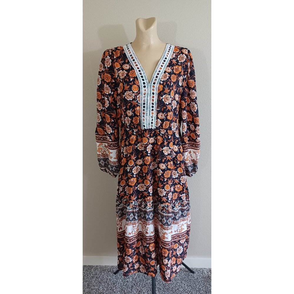 New C+D+M Beautiful Black Orange Floral Lace Boho Tunic Dress XL anthropologie